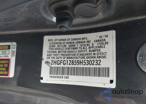 2009 Honda Civic Ex z USA, uszkodzony, nr VIN 2HGFG12859H530232